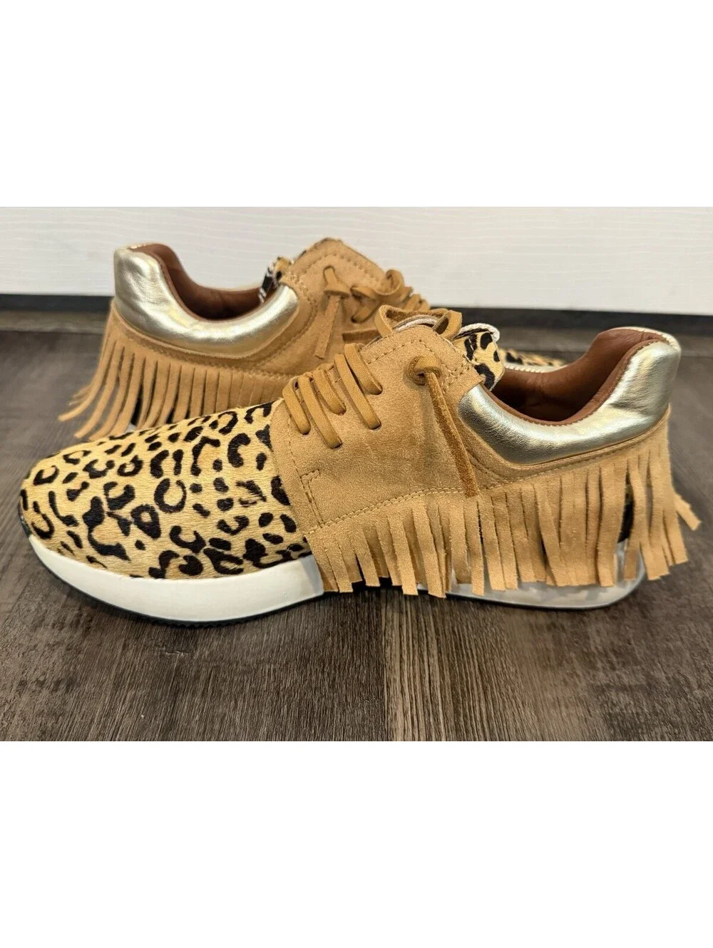 ShuShop Pepa Leopard Tan Fringe Trim Leather Lace Sneakers Size 7.5 Womens